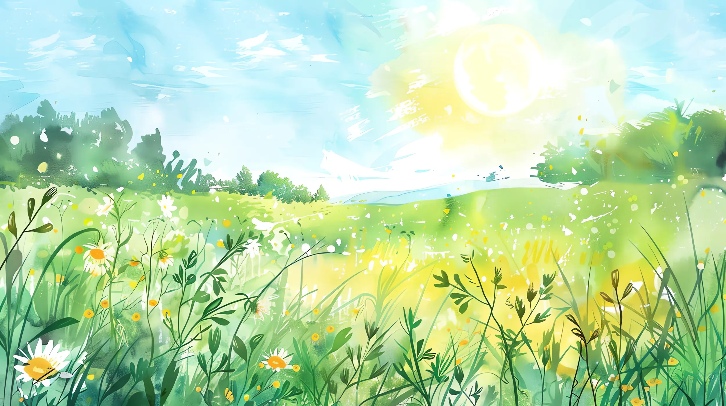 Acquerello raffigurante un prato soleggiato