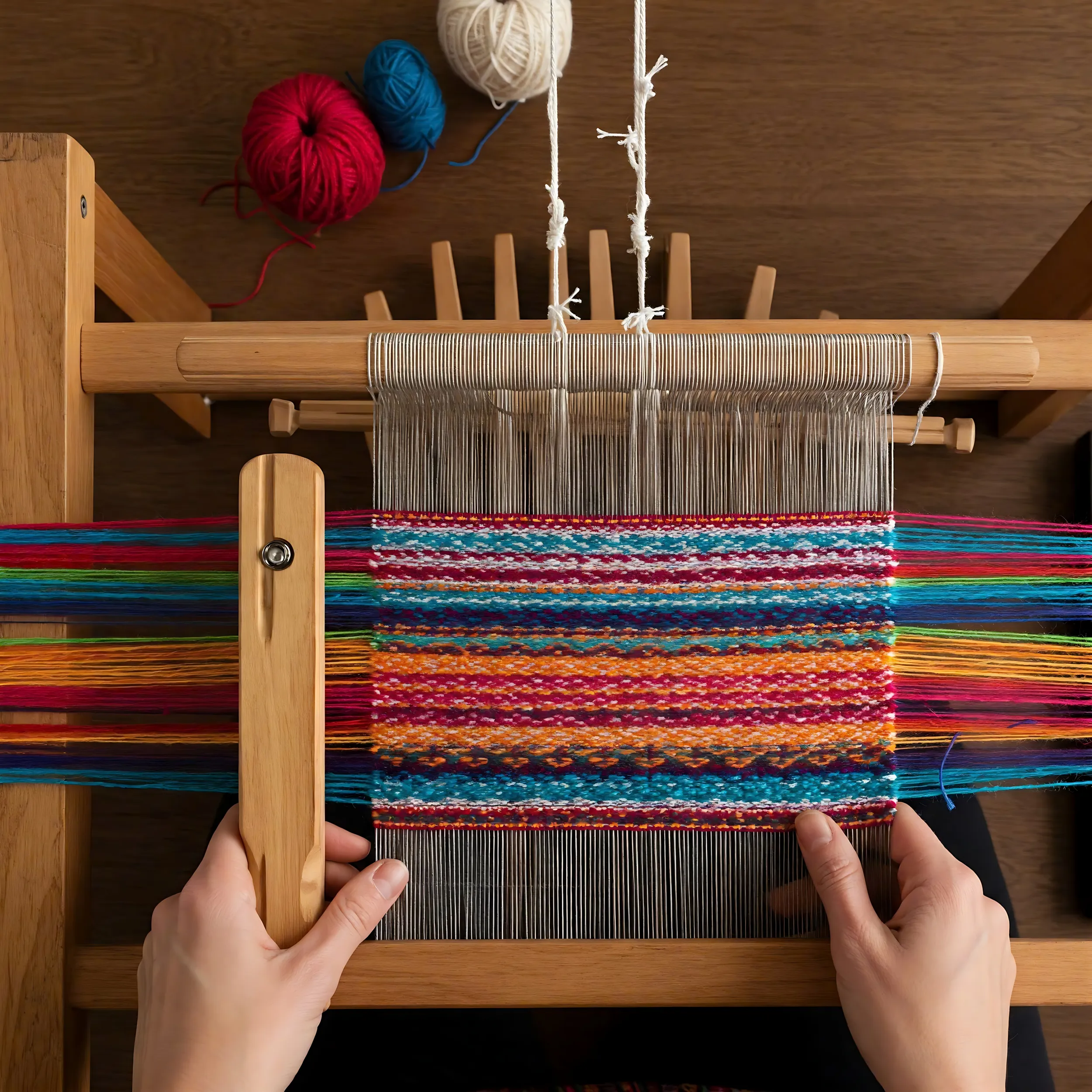 Donna intenta a tessere a mano